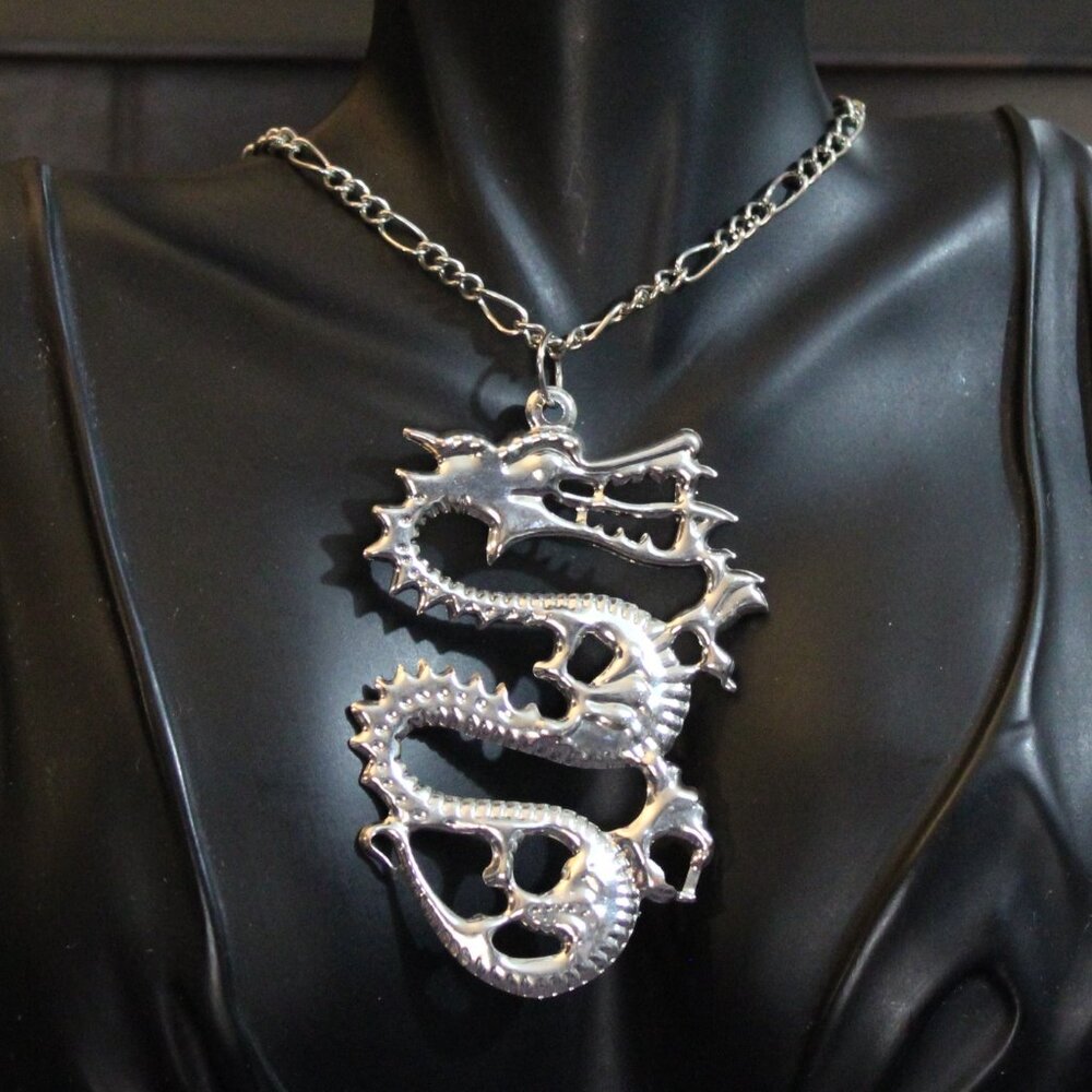 Chinese Dragon Silver Tone Pendant Necklace on Figaro Chain